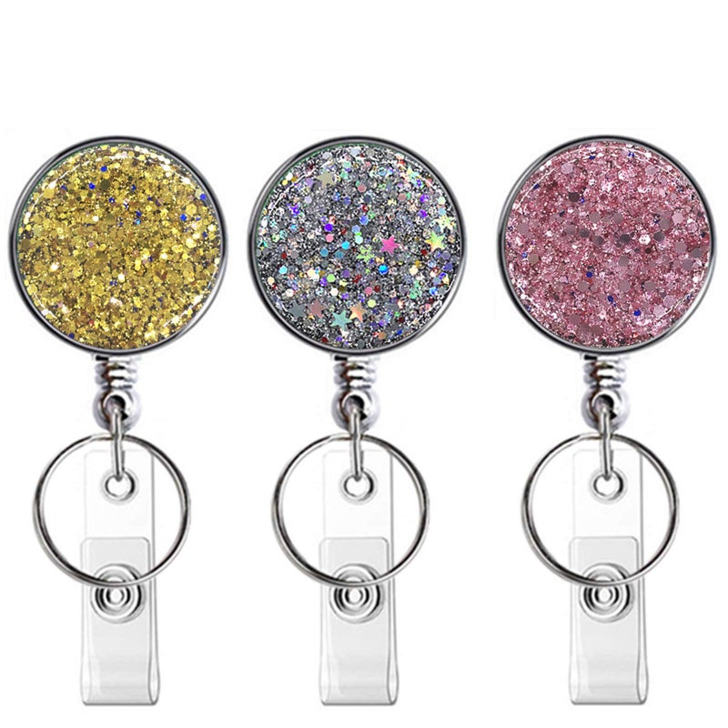 Boutilon Retractable Badge Holder, Retractable Badge Reels,Lightweight Plastic Badge Reel Card Holder with Key Ring Backing Belt Clip for Nurse,Volunteer,Teacher,Student(Pretty Golden Sliver Pink) - Image 1